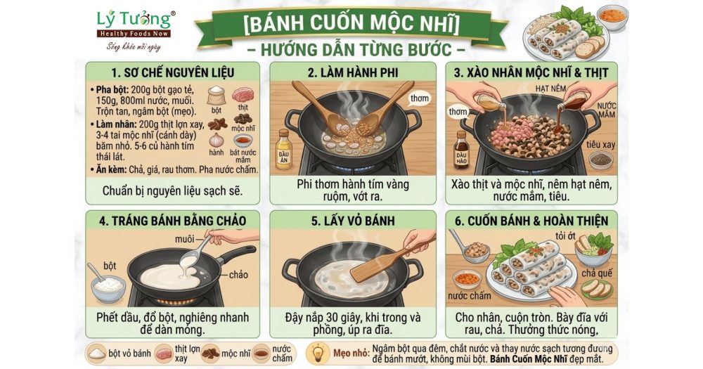 Các bước tráng và cuốn bánh cuốn mộc nhĩ đơn giản tại nhà