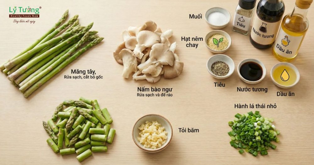 Các nguyên liệu cần chuẩn bị món măng tây xào nấm sò