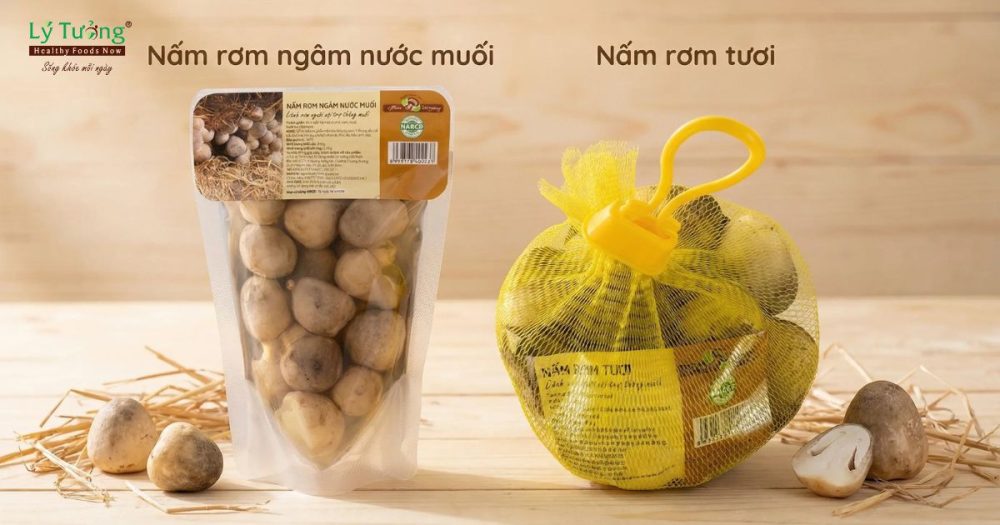 Sản phẩm nấm rơm tươi và nấm rơm ngâm nước muối nhà Thực phẩm Lý Tưởng