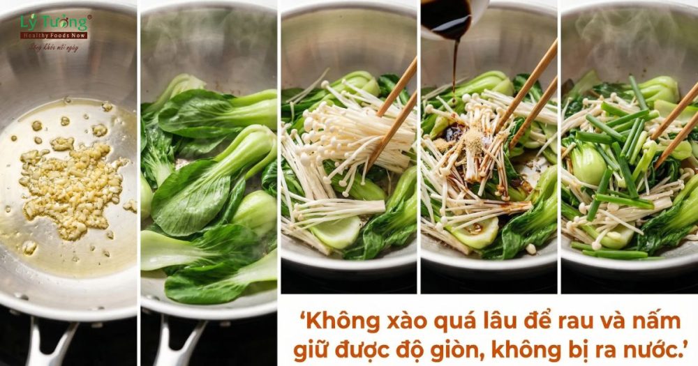 Các bước thực hiện món nấm kim châm xào rau cải