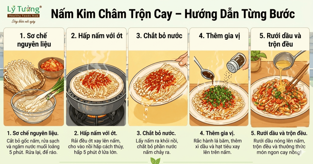Hướng dẫn làm nấm kim châm trộn cay