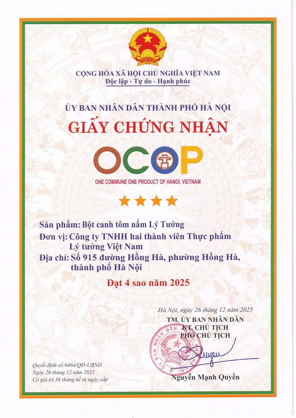 Chứng nhận OCOP - Bột canh tôm nấm
