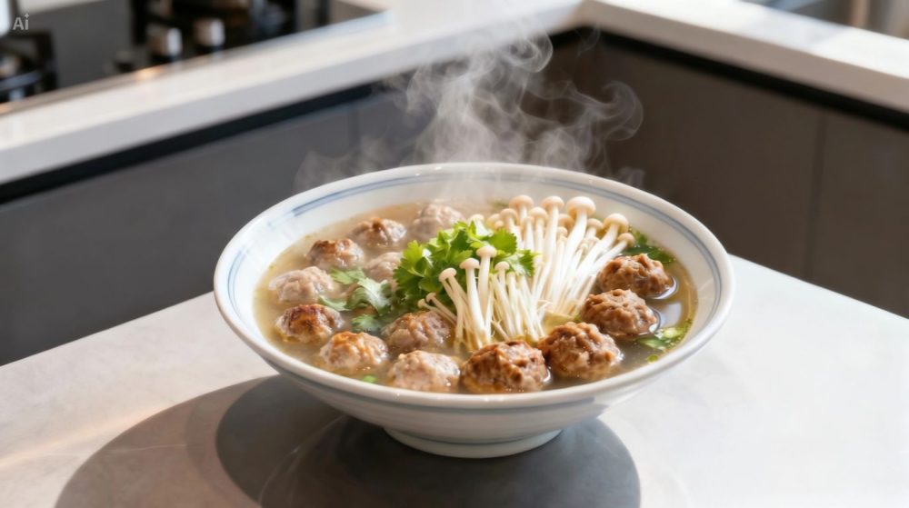 Canh nấm kim châm thịt băm