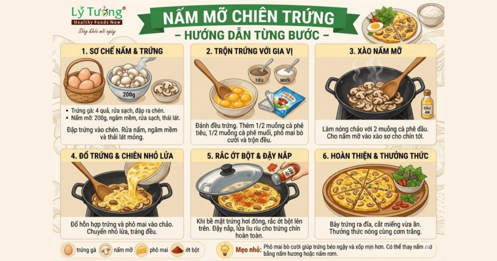 Các bước thực hiện món nấm mỡ chiên trứng đơn giản tại nhà