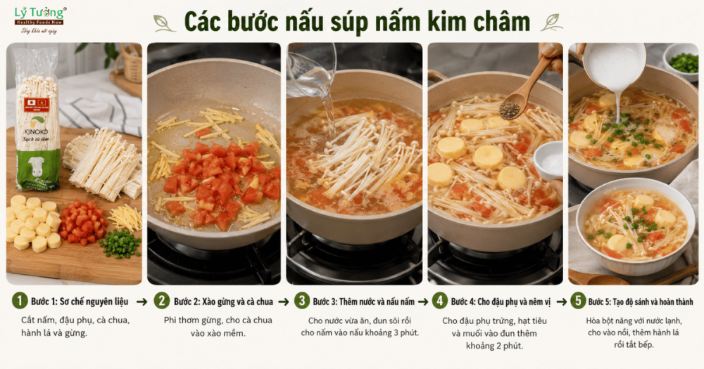 Cách bước nấu món súp nấm kim châm đơn giản tại nhà