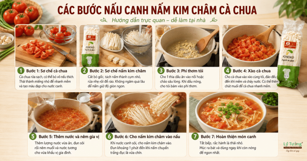 Các bước nấu canh cà chua nấm kim châm
