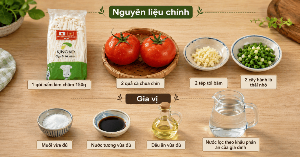 Nguyên liệu làm món canh cà chua nấm kim châm