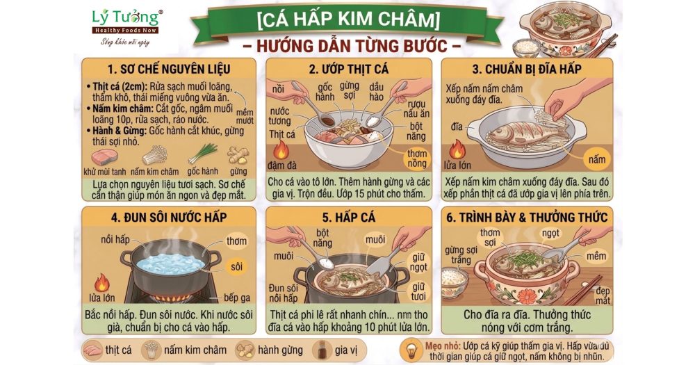 Các bước thực hiện món cá hấp nấm kim châm đơn giản, giữ trọn dưỡng chất