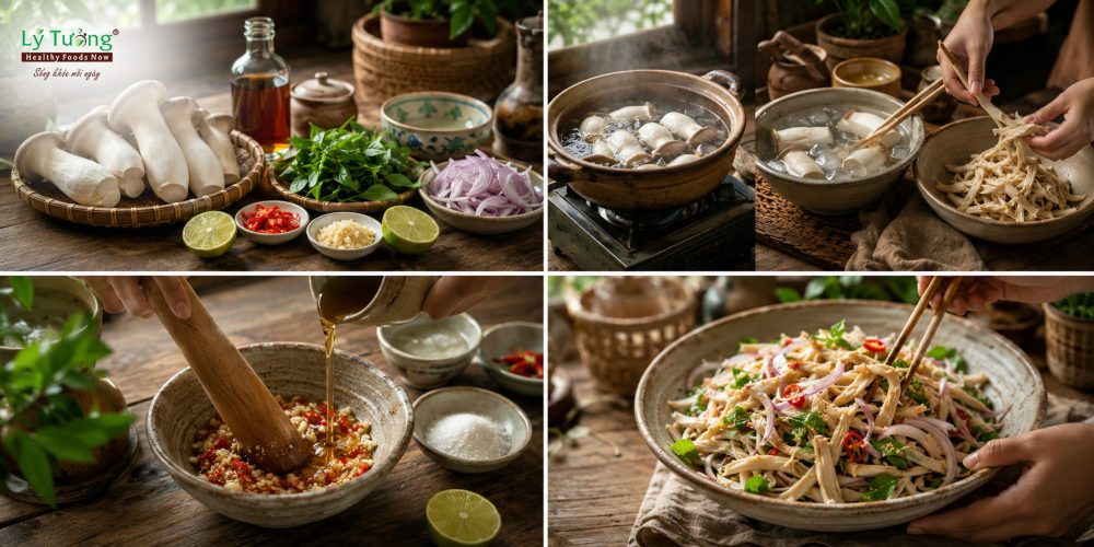 Hướng dẫn nấu món Nộm Nấm Đùi Gà