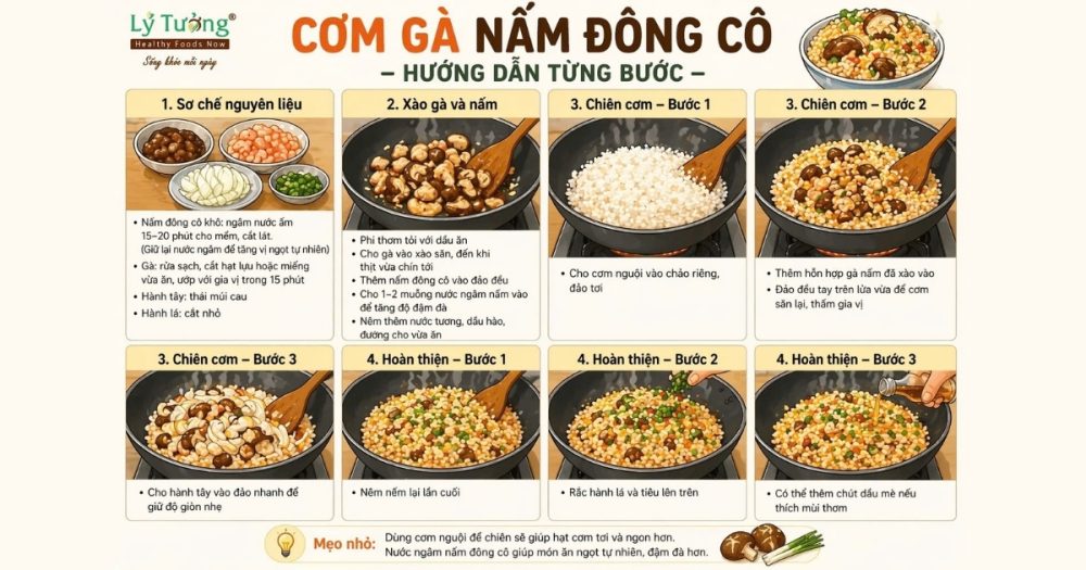 Các bước thực hiện món cơm gà nấm đông cô đơn giản tại nhà