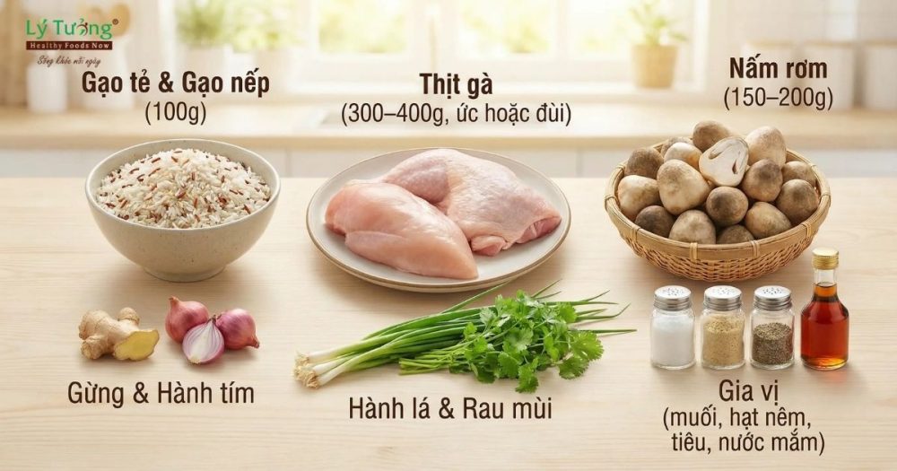 Các nguyên liệu cần chuẩn bị cho cháo gà nấm rơm