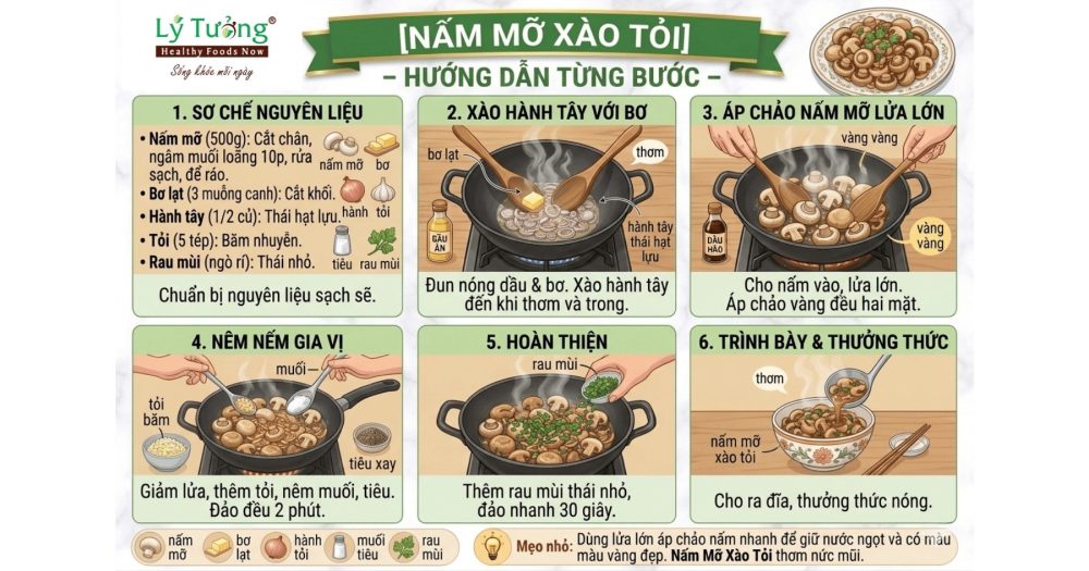 Các bước thực hiện món nấm mỡ xào tỏi bơ đơn giản tại nhà
