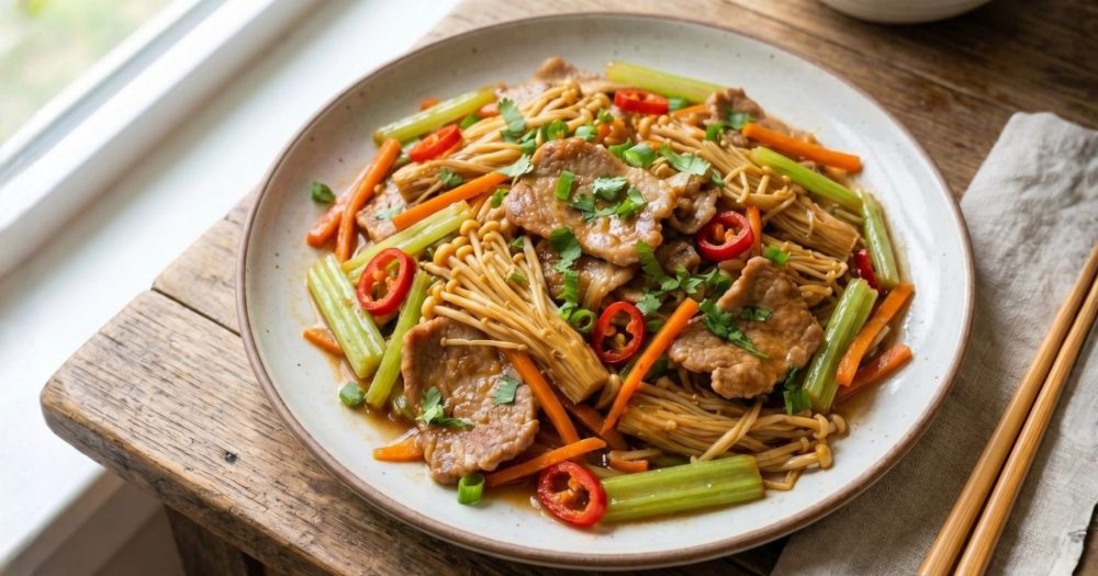 Thịt Lợn Xào Nấm Kim Châm