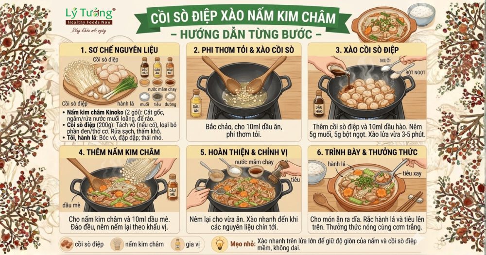 Các bước thực hiện món cồi sò điệp xào nấm kim châm thơm ngon khó cưỡng