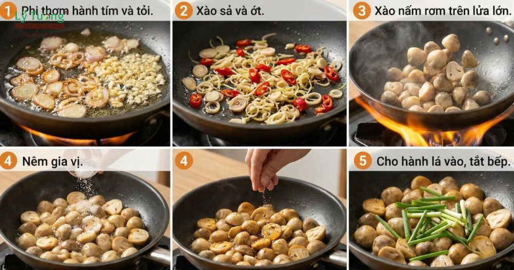 Các bước thực hiện món nấm rơm xào sả ớt