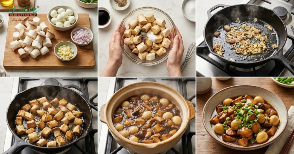 Các bước thực hiện nấm đùi gà kho trứng cú