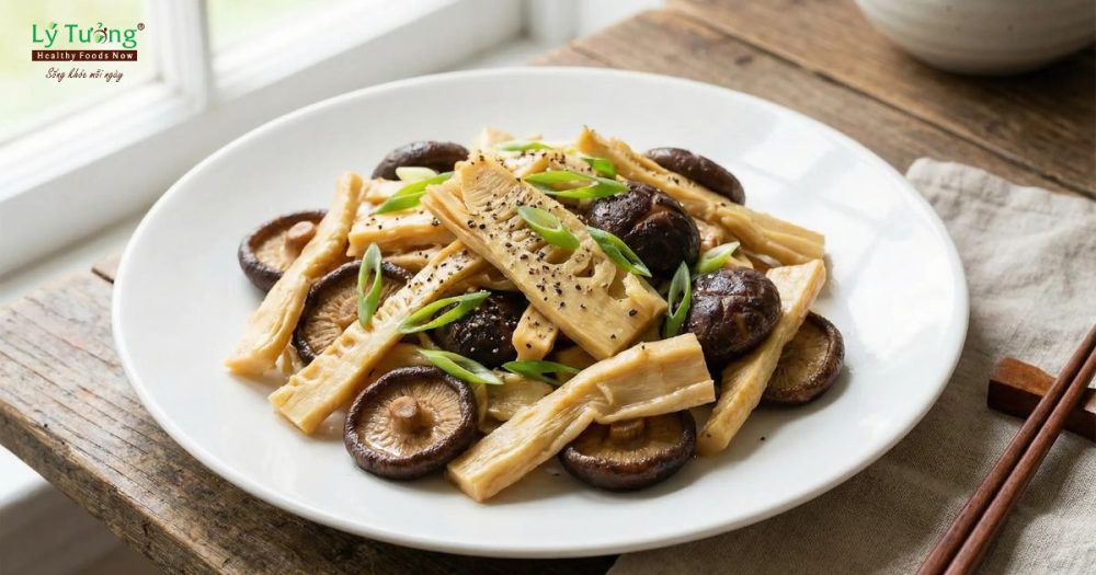Măng khô xào nấm hương