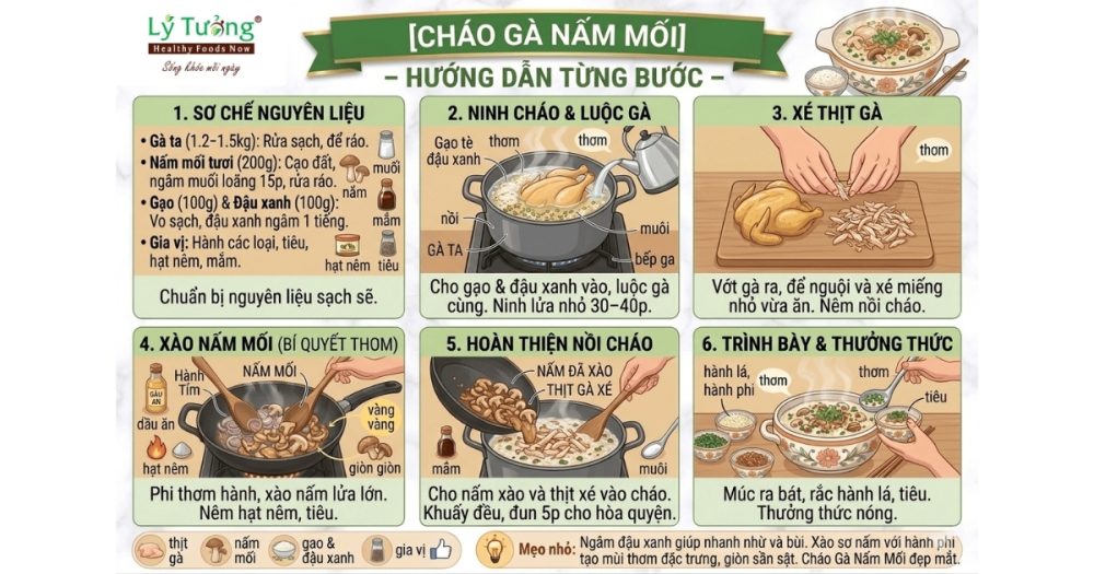 Hướng dẫn nấu nồi cháo gà nấm mối nóng hổi, thơm nức mũi cho cả gia đình
