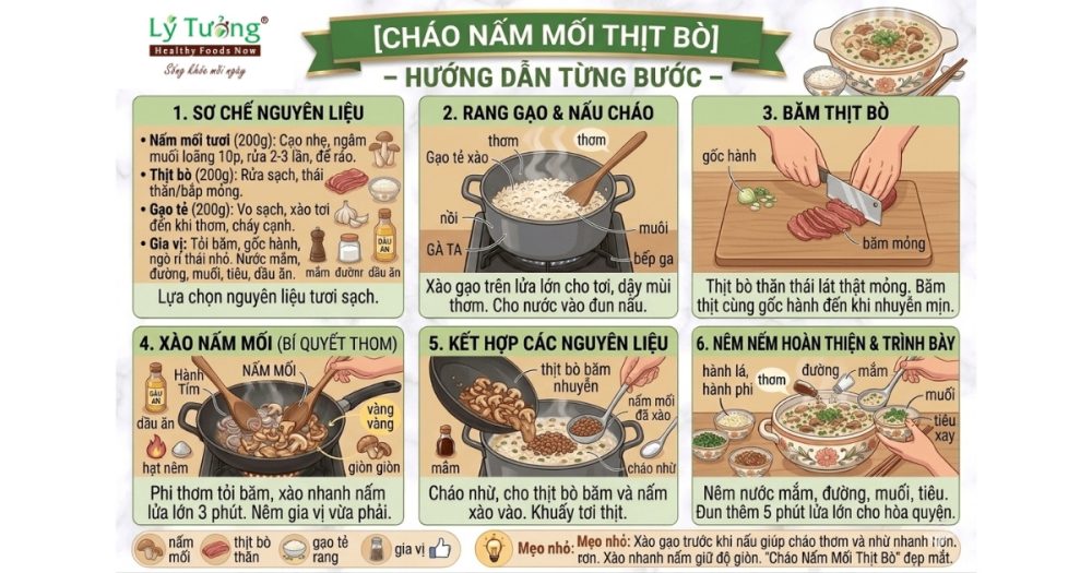 Các bước thực hiện món cháo nấm mối thịt bò đơn giản tại nhà