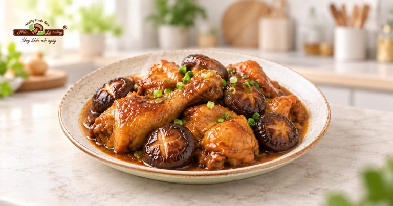 Món gà kho nấm đông cô thơm ngon đậm vị